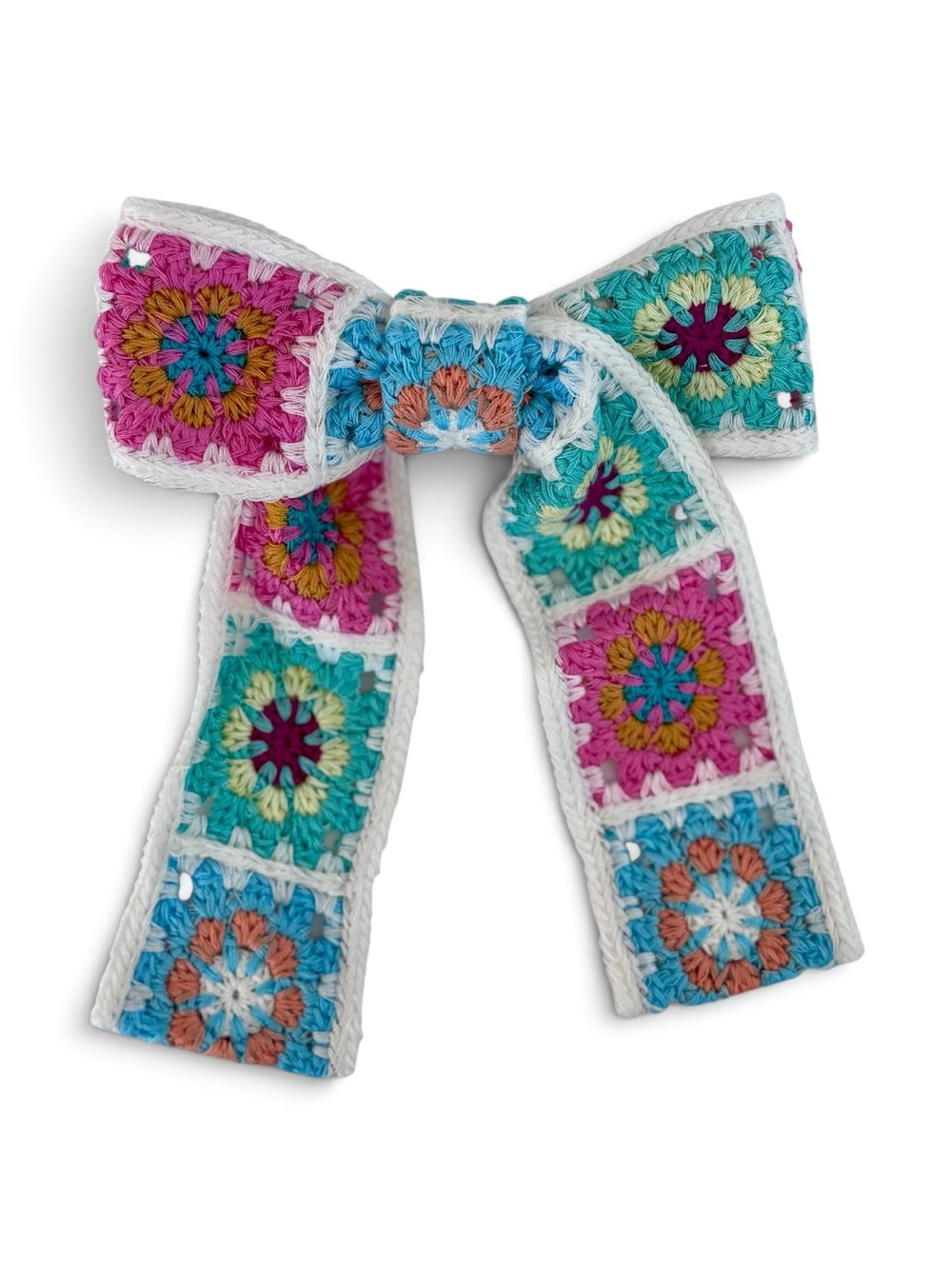 Y2K Retro Crochet Granny Square Hair Bow Barrette Cottagecore Indie Cream Blue - Picture 7 of 8